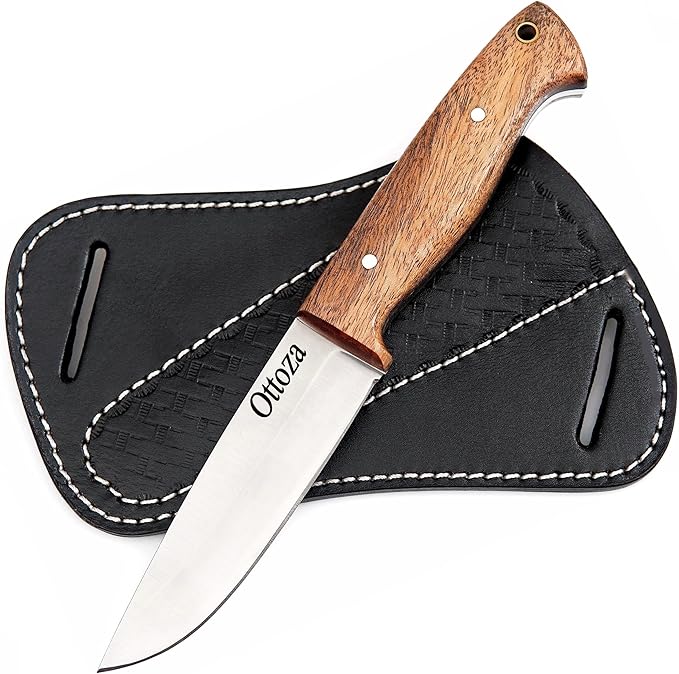 Ottoza Full Tang Bushcraft Knife with 1095 Carbon Steel Fixed Blade - Survival and Outdoor Camping Knife - Black Cross Draw Sheath and Musket Wood Handle 393