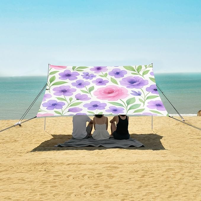 Beach Canopy with Windproof Ropes &amp Sandbags Beach Tent Sun Shade Sun Shelter for Camping Trips Fishing Backyard Fun or Picnics Flowers