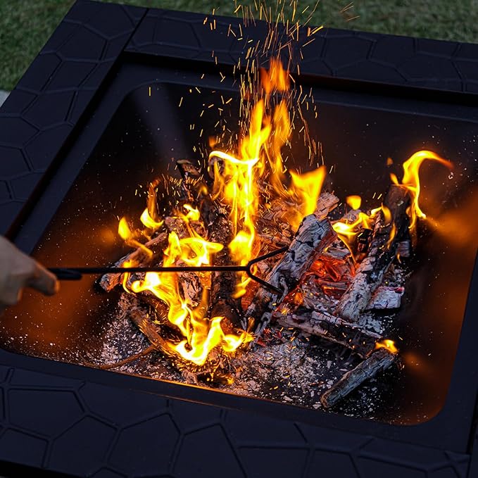 Panovue Multifunctional Fire Pit Table 32 inch Square Metal Firepit Stove Backyard Patio Garden Fireplace for Camping Outdoor Heating Bonfire and Picnic