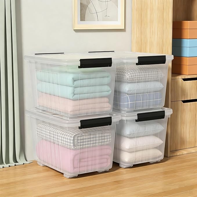 30 L Stackable Storage Bins with Lids Clear Plastic Storage Containers Stackable Organization Boxes with Secure Latching Lids/Wheels Set of 4