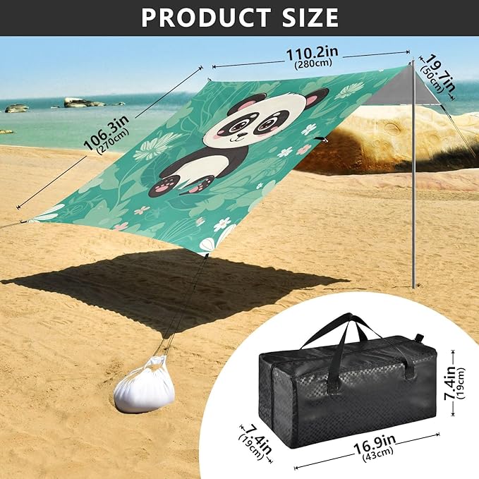 Cartoon Panda in Flowers Beach Tent Sun Shelter Set UPF50+ UV Protection 10.5 x 9.19 FT Camping Shade Canopy with Sandbags Sand Anchors Carrying Bag and Others