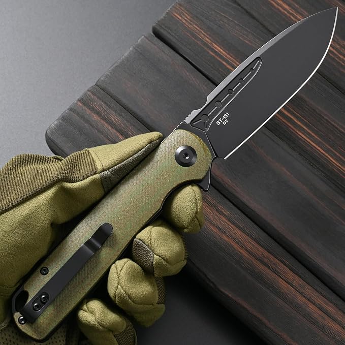 Sitivien ST131 Folding KnifeD2 Blade Micarta Handle EDC Tool Knife with Liner Lock for Outdoor Camping Hiking Fishing(Green)