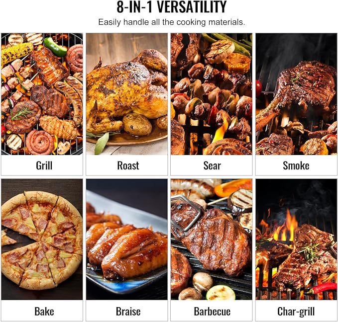 VEVOR Smoker Grill Portable Wood Pellet Grill with Cart 8 IN 1 BBQ Grill with PID Temperature Control for Outdoor Cooking Barbecue Camping Picnic 730 sq Patio and Backyard Black