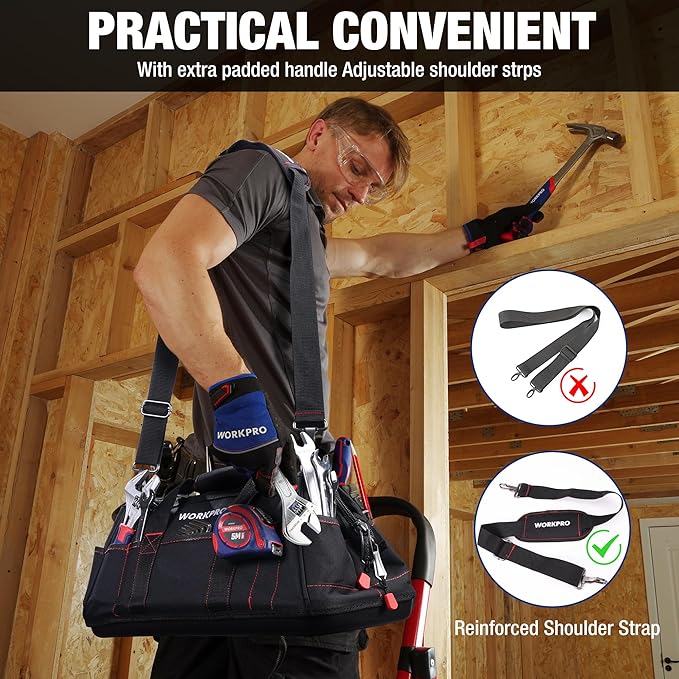 WORKPRO 16-inch Close Top Wide Mouth Tool Storage Bag with Water Proof Rubber Base W081022A 16