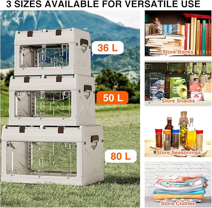 Closet Organizer and Storage Box Large Essential Collapsible Plastic Car Trunk Container with Clear Lids and Doors Open Front Multifunctional Stackable Bin for Bedroom Dorm Room Craft 50 L