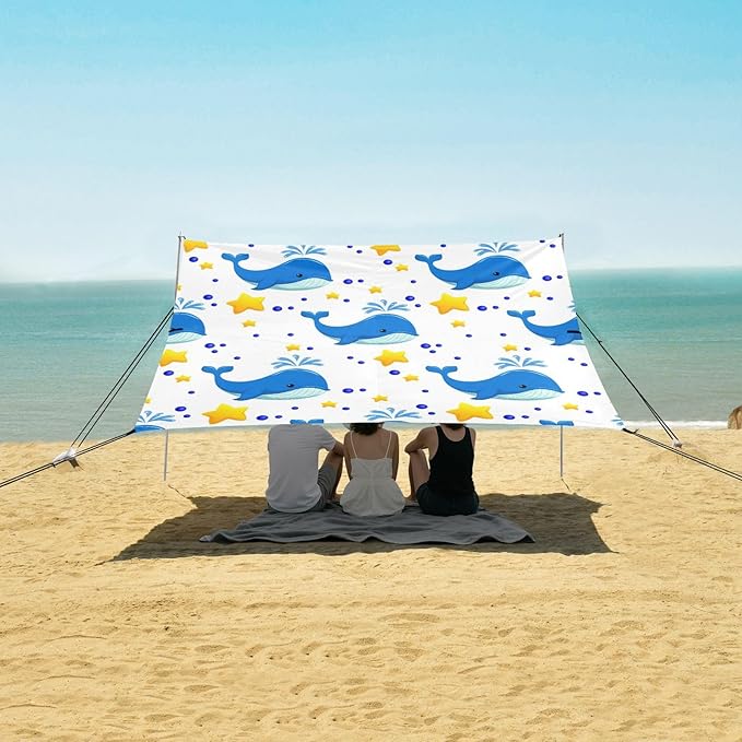 xigua Whales Beach Tent Sun Shelter with Carrying Bag - Silver Coated Oxford Fabric Beach Canopy for Beach Camping Fishing - Includes Windproof Ropes Sandbags &amp Stakes