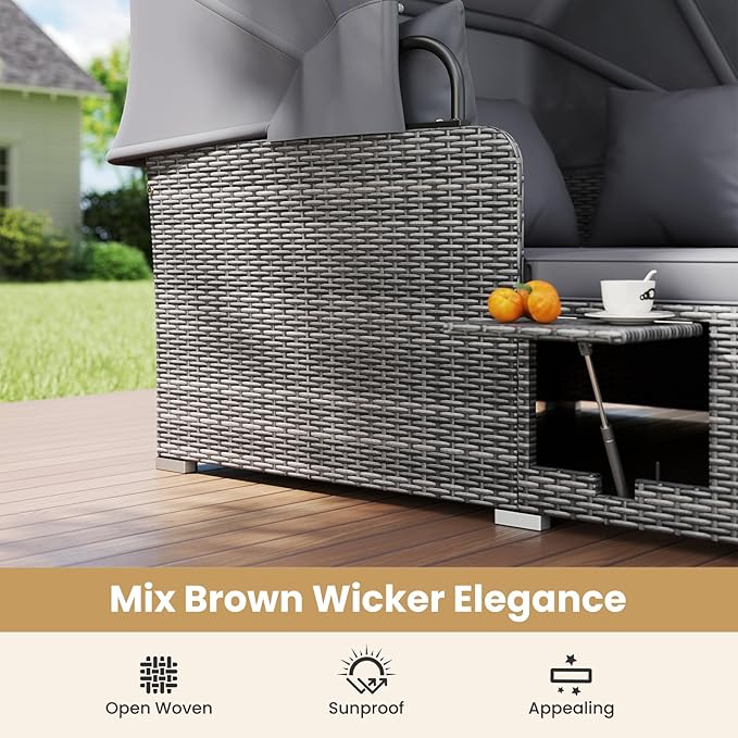 Tangkula Patio Rattan Daybed with Retractable Canopy Outdoor Wicker Sunbed Lounger with 2 Foldable Side Tables Thick Seat &amp Back Cushions Outside Double Daybed for Garden Backyard Porch Grey