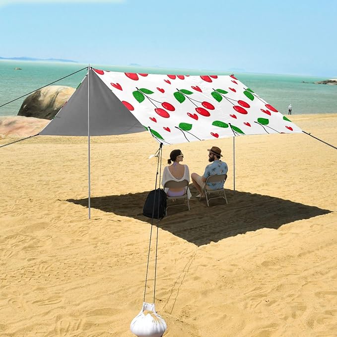 xigua Red Cherries Beach Tent Sun Shelter with Carrying Bag - Silver Coated Oxford Fabric Beach Canopy for Beach Camping Fishing - Includes Windproof Ropes Sandbags &amp Stakes