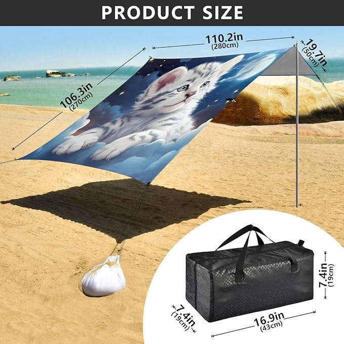 ALAZA Cute White Tiger Baby Beach Tent Sun Shelter UPF50+ Protection Beach Shade Canopy w/ 4 Sandbags for Outdoor Camping Fishing Backyard Fun Picnic 10x9 ft