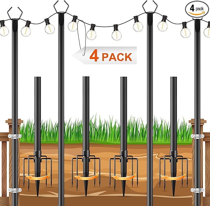 OHLUX 4 Pack 10FT String Light Poles Outdoor Poles with Fence Brackets for Hanging Lights Metal Stand for Patio Backyard Yard Deck