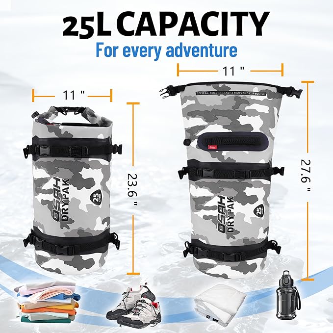 OSAH DRYPAK 25L Waterproof Dry Bag - Motorcycle Luggage Tail Bag with Straps for Back Seat Roll Top Lightweight Waterproof Backpack Sack for Travel Swimming Boating Kayaking Camping and Beach