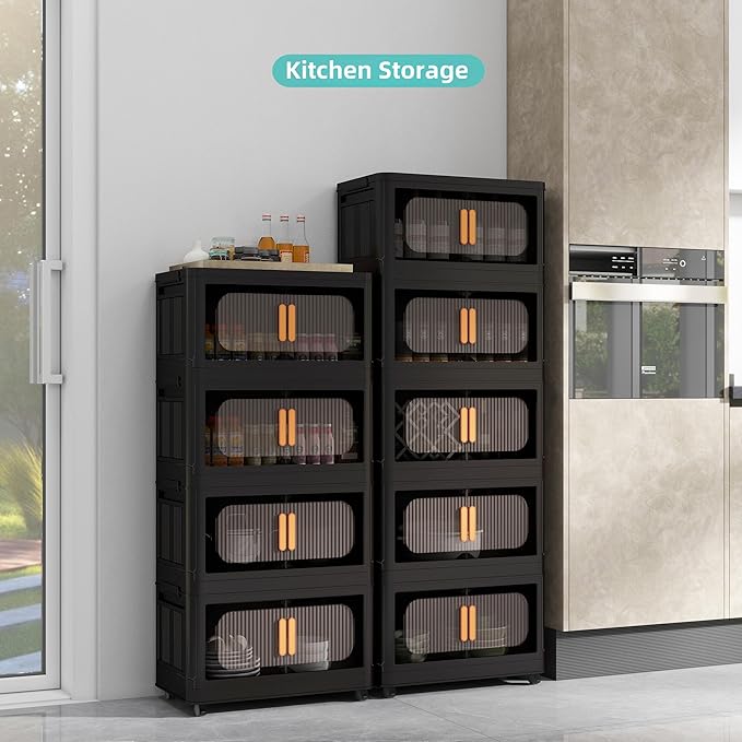 20 Side Wide Folding Storage Cabinet - Black 3-Tier Collapsible Storage Bin with Magnetic Door and Wheels for Home Office Organization