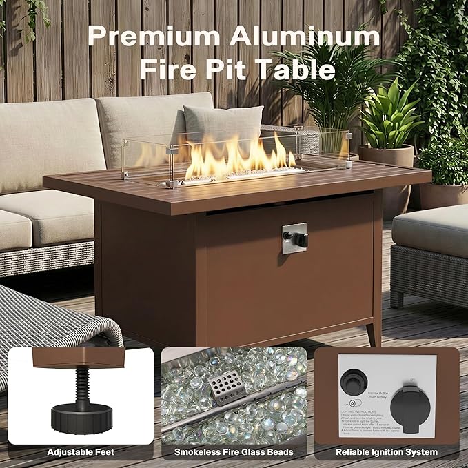 43 Aluminum Propane Fire Pit Table with 55000 BTU Rectangle Outdoor Gas Fire Table with Glass Wind Guard Glass Stones &amp Waterproof Cover Patio Fire Table for Backyard Deck Garden Brown