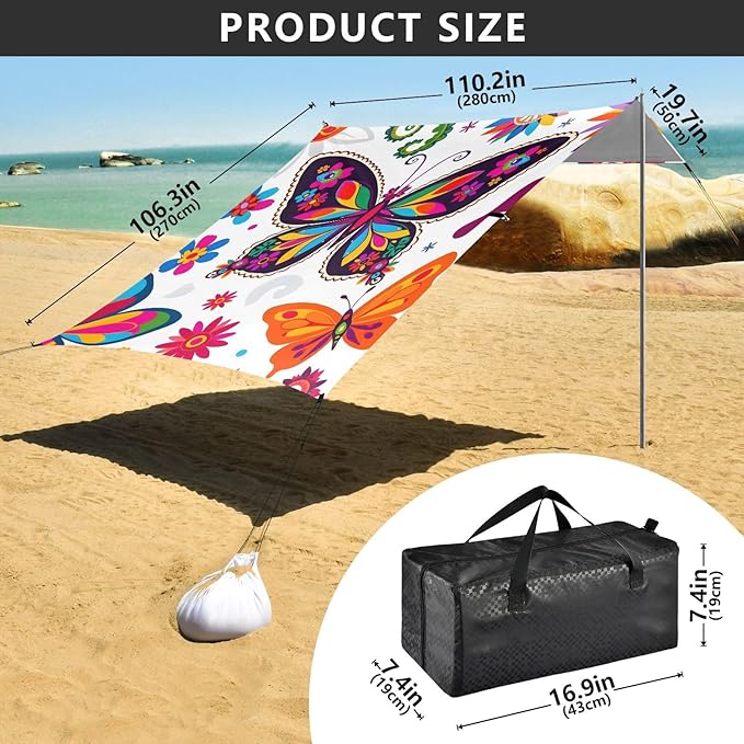 ALAZA Butterfly Colorful Beach Tent Sun Shelter Portable Canopy Sunshade for Outdoor Camping Picnics Backyard Fun 10x9 ft