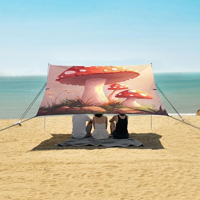 ALAZA Cartoon Red Mushrooms Beautiful Beach Tent Sun Shelter Portable Canopy Sunshade for Outdoor Camping Picnics Backyard Fun 10x9 ft