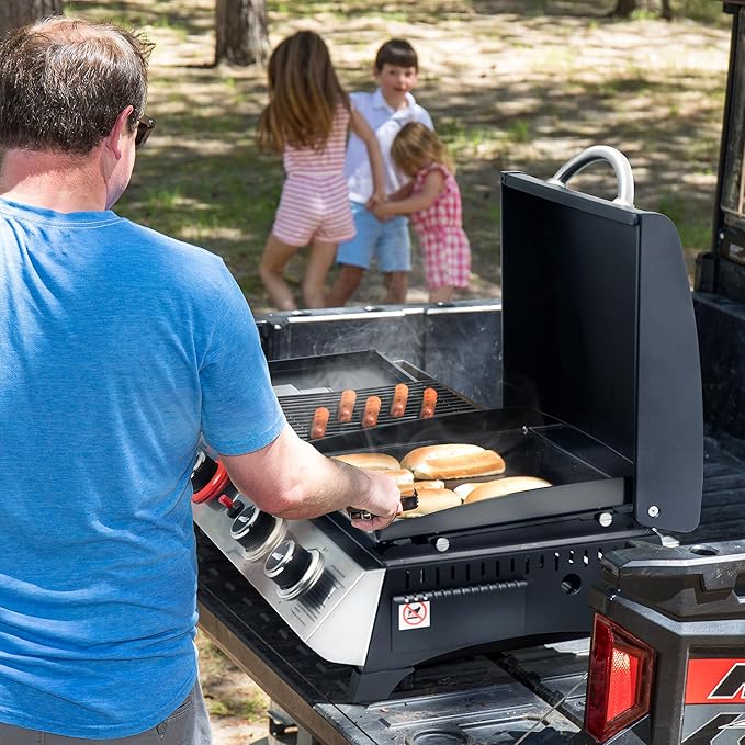 3-Burner Portable Propane Gas Griddle with Side Burner 3-in-1 Grill and Griddle Combo with Lid Outdoor Cooking 29000 BTU Silver PD1305H-SC