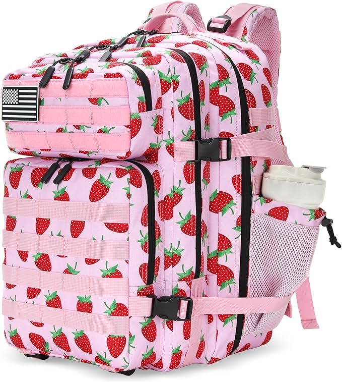 Lovelinks21 25L Tactical Military Backpack Small Travel Rucksack for Men and Women Assault Pack Bug Out Bag Molle Daypack Gym Backpack with Bottle Holder (Strawberry)