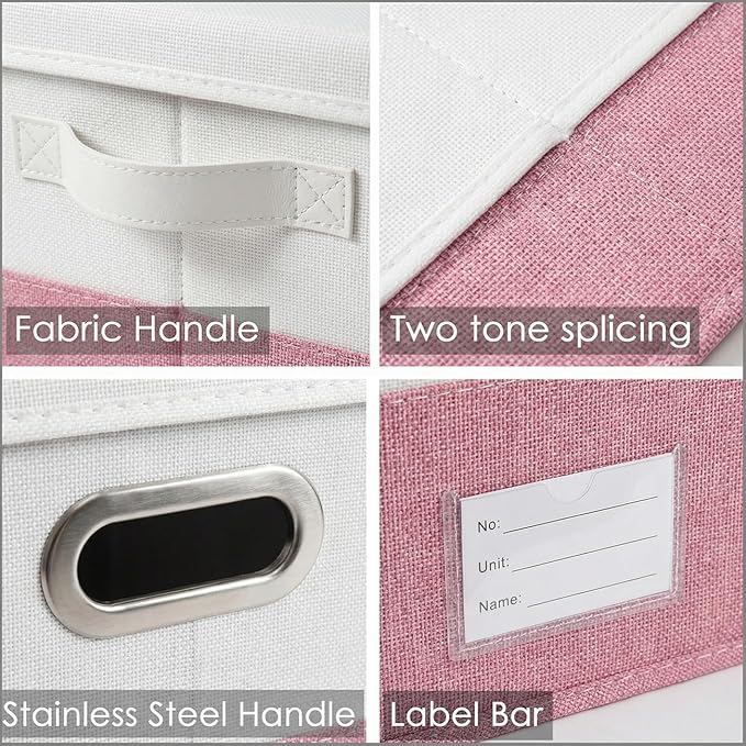 PRANDOM Storage Bins with Lids [3-Pack] Linen Fabric Foldable Storage Boxes Organizer Containers Baskets Cube with Cover for Bedroom Closet Office White&ampPink (23.4X15.9X11.4)