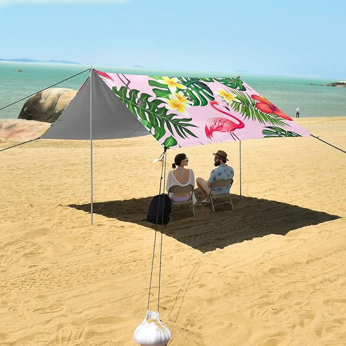 Beach Canopy with Windproof Ropes &amp Sandbags Beach Tent Sun Shade Sun Shelter for Camping Trips Fishing Backyard Fun or Picnics Flamingos
