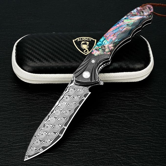 AUBEY Damascus Pocket Knife for Women Men 3.43 VG10 Damascus Steel Blade Knife with Clip EDC Folding Knives with Abalone Shell Handle Gift for Camping Outdoor Hunting Hiking Collection