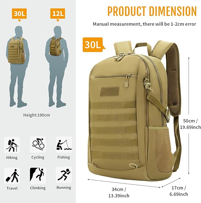 HUNTVP 10L/20L/30L Tactical Backpack Military MOLLE Backpack Rucksack Gear Tactical Assault Pack for Hunting Camping Trekking (30L-Dark Brown)