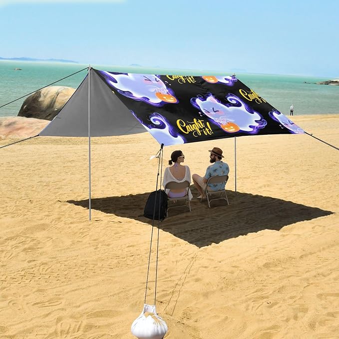 ALAZA Ghost Cat Mouse Pumpkin Pattern Beach Tent Sun Shelter UPF50+ Protection Beach Shade Canopy w/ 4 Sandbags for Outdoor Camping Fishing Backyard Fun Picnic 10x9 ft