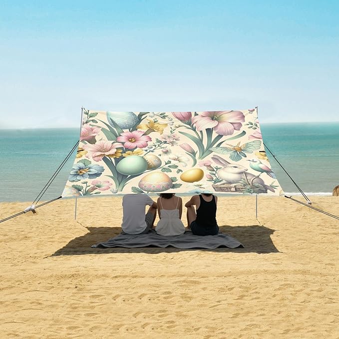 Easter Day Floral and Eggs Beach Tent Sun Shelter Set UPF50+ UV Protection 10.5 x 9.19 FT Camping Shade Canopy with Sandbags Sand Anchors Carrying Bag and Others