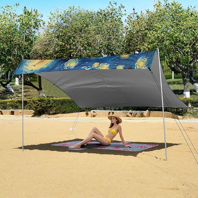 ALAZA Dog Gogh Starry Night Sky Beach Tent Sun Shelter UPF50+ Protection Beach Shade Canopy w/ 4 Sandbags for Outdoor Camping Fishing Backyard Fun Picnic 10x9 ft