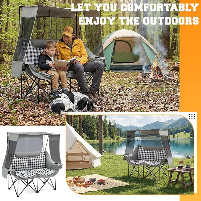 Teenyyou Double Camping Chair with Canopy Shade 660lbs Heavy Duty Beach Chair Portable Folding 2 Person Camping Loveseat with Cup Holder and Storage Bag for Lawn Beach Outdoor Sport(Grey Plaid)