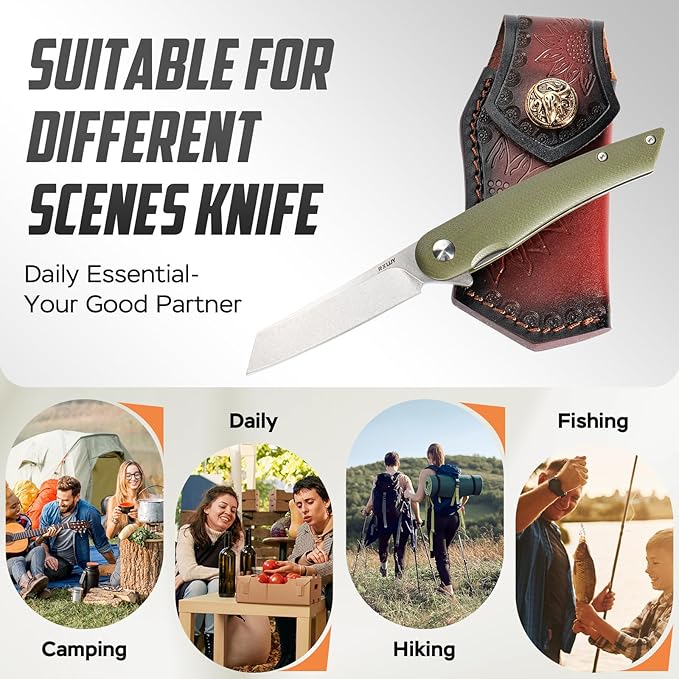 Folding Pocket Knife with Leather Sheath 2.79” 14C28N Steel Blade Micarta Handle Flipper Liner Lock Small EDC Folding Knife Sharp Camping Hunting Outdoor Survival Knives for Men Women (Green)