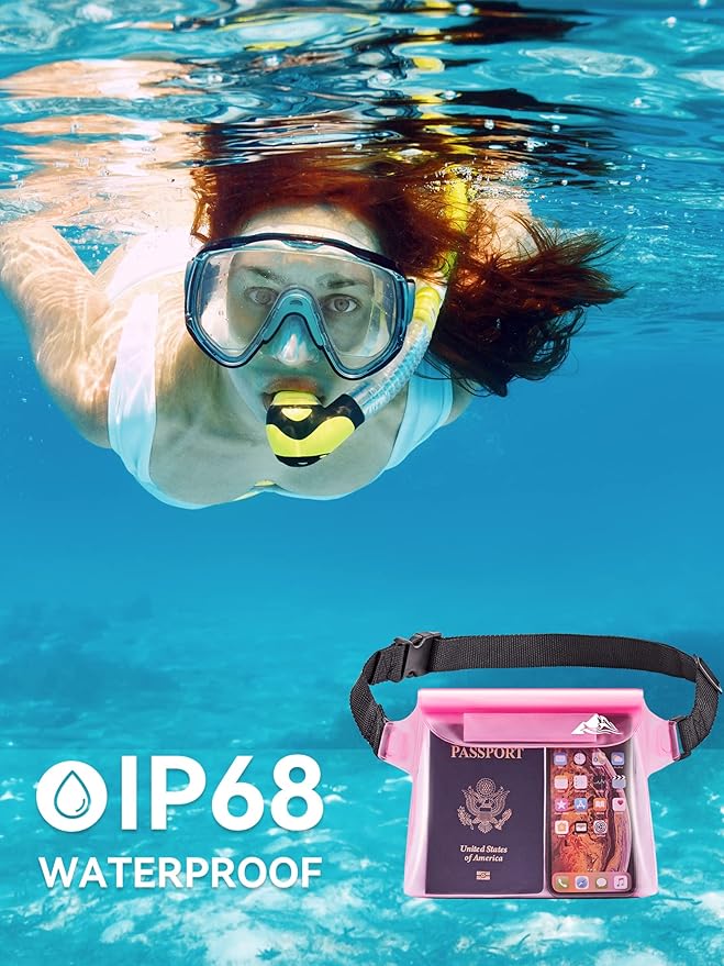 HEETA Waterproof Dry Bag for Women Men (Transparent Black 5L) Bundled with 2-Pack Waterproof Pouch with Waist Strap (Pink &amp Grey)
