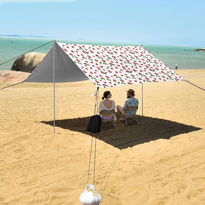 ALAZA Heart Red Rose Flower Floral Beach Tent Sun Shelter UPF50+ Protection Beach Shade Canopy w/ 4 Sandbags for Outdoor Camping Fishing Backyard Fun Picnic 10x9 ft