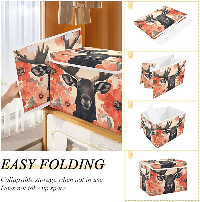 Storage Cube with Lid Floral Moose Print 16.5×12.6×11.8 IN Collapsible Large Capacity Foldable Storage Basket Bin Organizer
