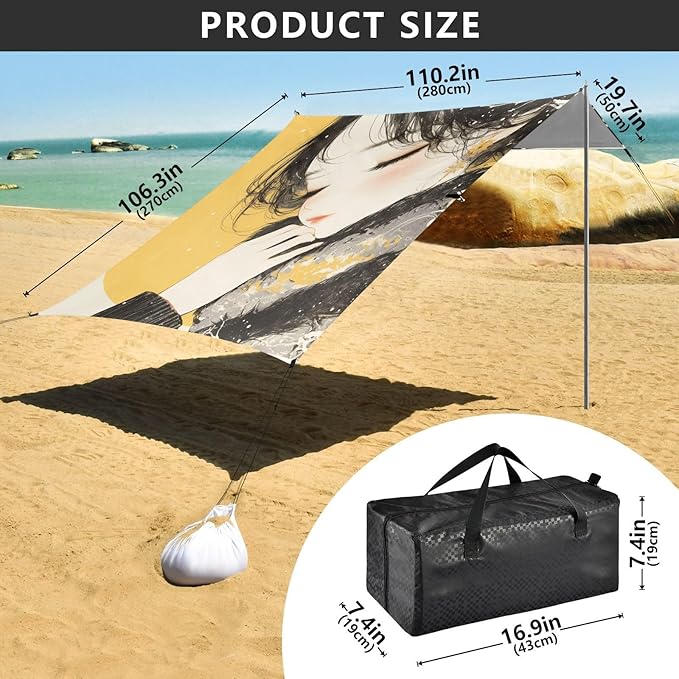 Beauty Yellow and Black Foldable Beach Cabana UPF50+ Protection Water-Resistant Portable Sun Shelter with Sandbags and Shovel for Camping Fishing Backyard Fun