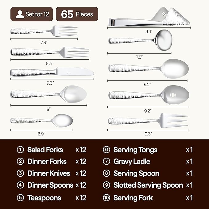 Luciella Ponza Flatware Set for 12 65-Piece Stainless Steel Silverware Set with Serving Utensils Timeless Hammered Design Rust-Resistant Mirror Polished &amp Dishwasher Safe Mothers Day Gifts