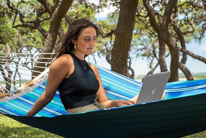 SUPERJARE Hammock with Stand 2 Person Heavy Duty Hammock with Padded Cotton Detachable Pillow &amp Strong Curved-Bar &amp Portable Carrying Bag Perfect for Outdoor &amp Indoor Aqua Blue