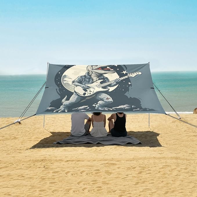 ALAZA Dinosaur Guitar Moon Musician Beach Tent Sun Shelter UPF50+ Protection Beach Shade Canopy w/ 4 Sandbags for Outdoor Camping Fishing Backyard Fun Picnic 10x9 ft