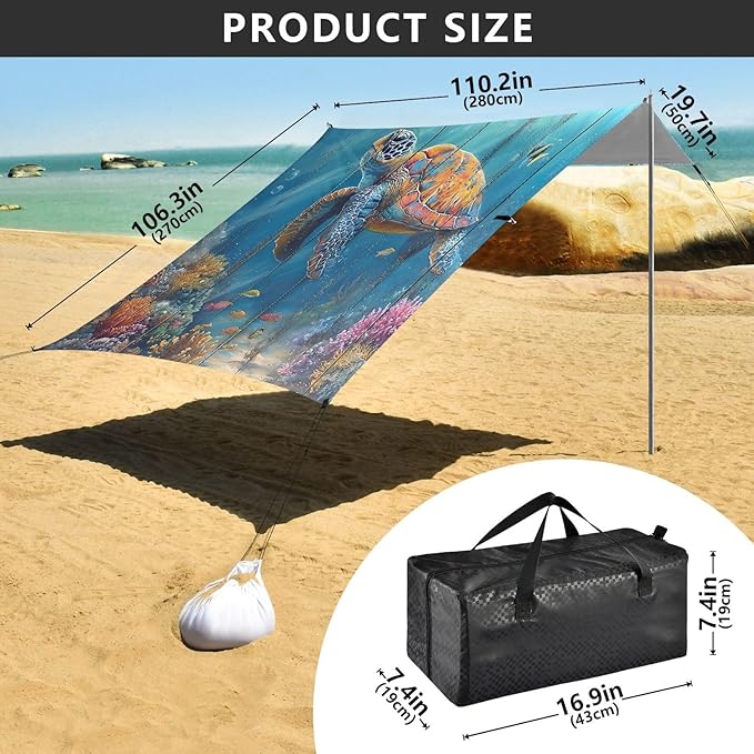 ALAZA Sea Turtle Ocean Coral Beach Tent Sun Shelter UPF50+ Protection Beach Shade Canopy w/ 4 Sandbags for Outdoor Camping Fishing Backyard Fun Picnic 10x9 ft