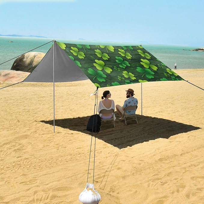 xigua St. Patrick's Day Clover Beach Tent Sun Shelter with Carrying Bag - Silver Coated Oxford Fabric Beach Canopy for Beach Camping Fishing - Includes Windproof Ropes Sandbags &amp Stakes