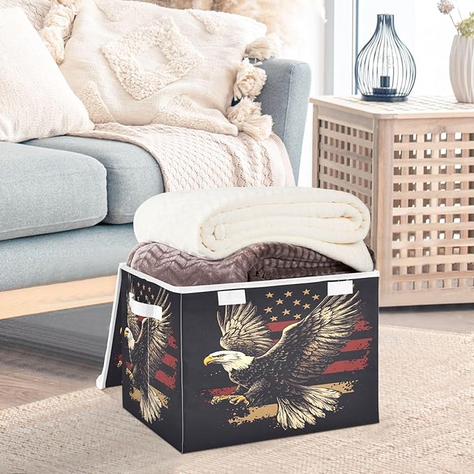 July 4th Bald Eagle Black Collapsible Storage Bins with Lids Decorative Fabric Cubes Closet Organizer Basket Boxes Containers for Clothes Box Chest Foldin