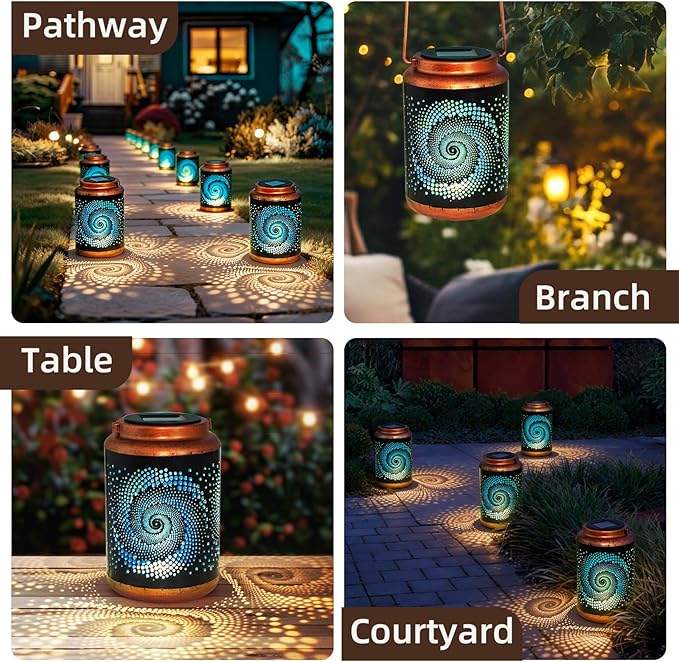 DIBIEECN Mothers Day Gifts for Mom Birthday Gifts Grandma Ladies Solar Lanterns Outdoor Hanging Hollowed-Out Metal Waterproof LED Garden Decor Outside for Patio Yard Porch Blue 4 Pack