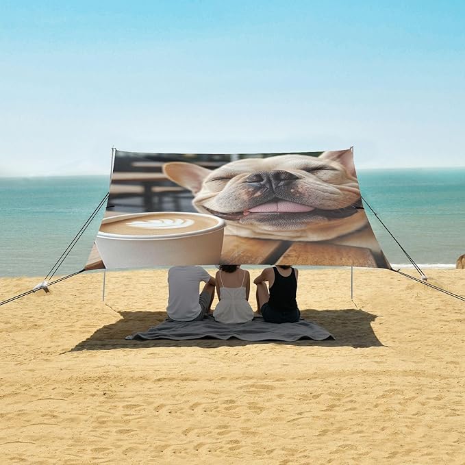 ALAZA Happy French Bulldog Enjoy Coffee Beach Tent Sun Shelter Portable Canopy Sunshade for Outdoor Camping Picnics Backyard Fun 10x9 ft