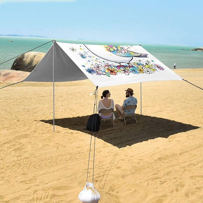 Sweet Cute Bird Beach Canopy UPF50+ Protection Lightweight Large Sun Shelter with Sand Shovel Sandbags for Camping Picnics Backyard &amp Fishing