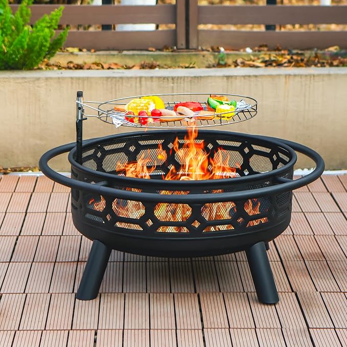 Florise 36 Inch Fire Pit Outdoor Wood Burning Firepit with Removable Grill &amp Poker Heavy Duty Metal Round Fireplace2 in 1 Large Bonfire for OutsideBBQYardPatio