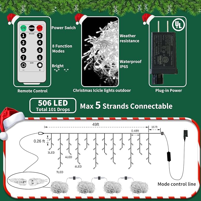 Icicle Christmas Lights for Outside - 65Ft 506 LED Plug-in Icicle String Lights Outdoor Decorations with RemoteWaterproof Cool White Christmas Icicle Lights for House Bedroom Balcony Decor