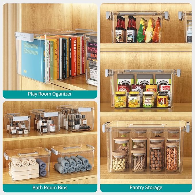 Plastic Storage Bins with Lids Stackable organization and Storage Containers for Organizing Snacks Crafts Tools Clear Storage Box with Latching handle(Clear 2PCS-4.5QT 2PCS-8.5QT)