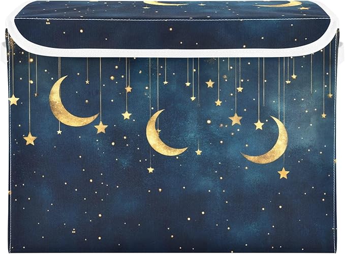 AIXIWAWA Storage Cube with Lid (Golden Moon and Stars) Fabric Foldable Closet Bins with Flip Lid and Handles Organizer Basket Container 16.5 x 12.6 x 11.8 IN