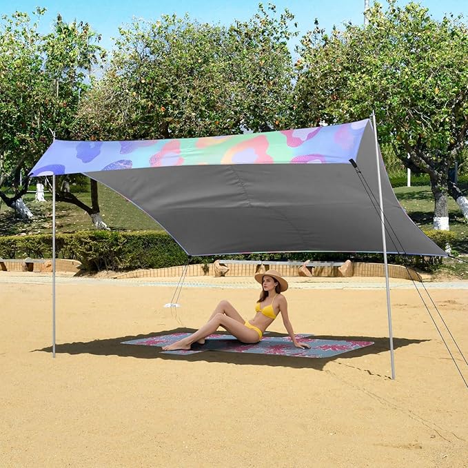 ALAZA Cheetah Print Leopard Rainbow Gradient Beach Tent Sun Shelter UPF50+ Protection Beach Shade Canopy w/ 4 Sandbags for Outdoor Camping Fishing Backyard Fun Picnic 10x9 ft