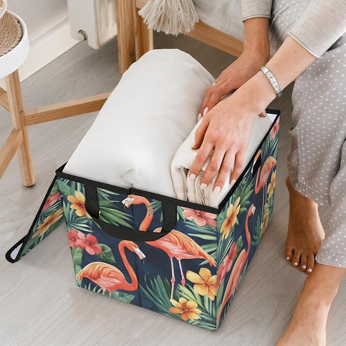 Tropical Flamingo Storage Basket with Lid Green Palm Leaves Foldable Storage Box Fabric Storage Bins with Carrying Handles for Home Bedroom Closet Organization