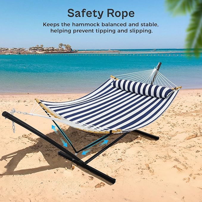 SUPERJARE Curved-Bar Hammock with Stand 2 Person Heavy Duty Hammock Frame Detachable Pillow &amp Portable Carrying Bag Perfect for Outdoor &amp Indoor Denim Blue with White Stripes